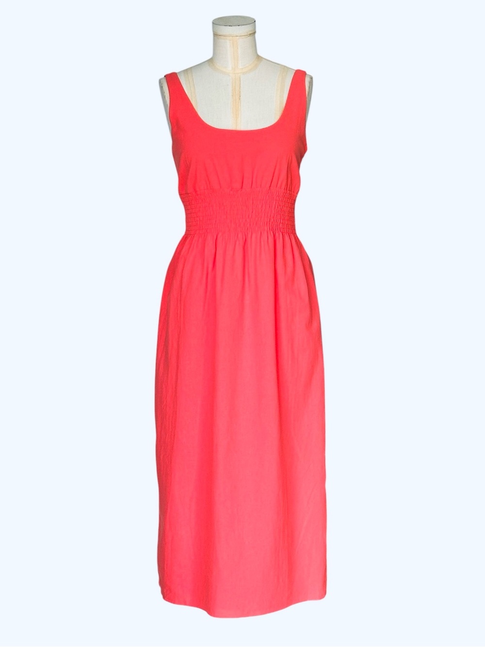 Pomander Place Coral Pink Sleeveless Smocked Waist Cottagecore Midi Dress XS